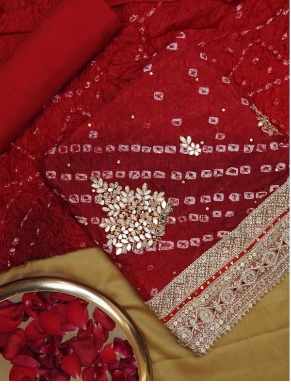 Red contrast Bandhani Unstitched Suit Set - Krishanlalraman