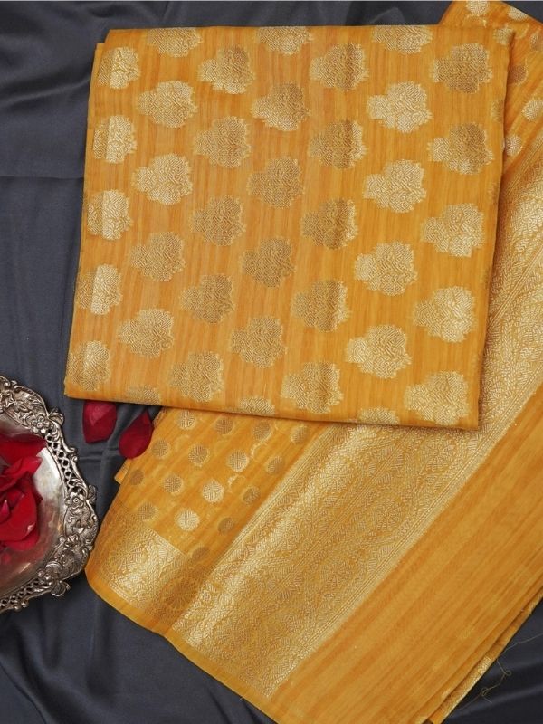 Yellow Chanderi Banarasi Weaving Unstitched Suit Set - Krishanlalraman