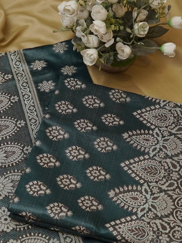 Green Banarsi Silk Unstitched Suit Set (Thread Work) - Krishanlalraman