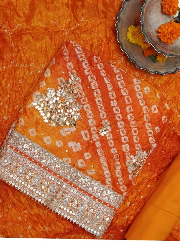 Orange Contrast Bandhani Suit with Chiffon Dupatta - Krishanlalraman
