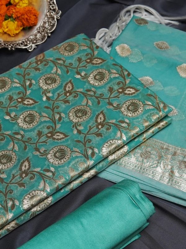 Green Organza (Banarasi Weaving) Unstitched Suit Set - Krishanlalraman