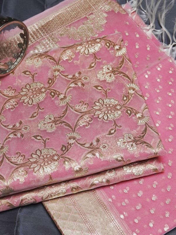 Pink Organza (Banarasi Weaving) Unstitched Suit Set - Krishanlalraman