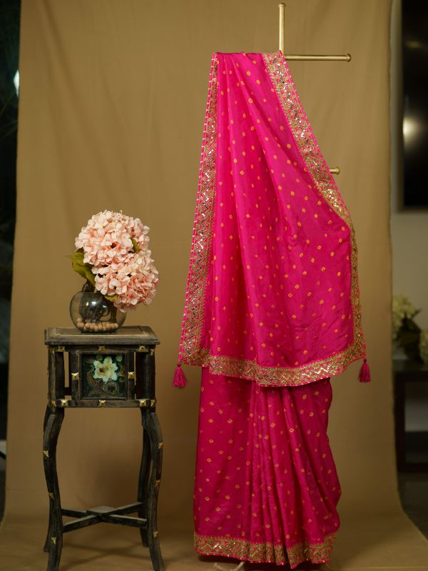 Pink Bandhani Saree With Heavy Border - Krishanlalraman