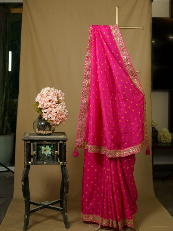 Pink Bandhani Saree With Heavy Border
