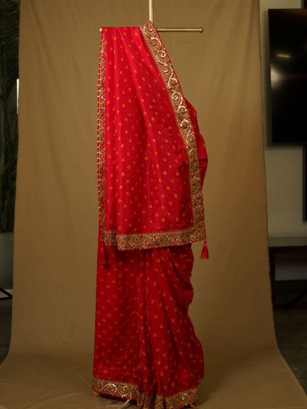 Red Bandhani Saree With heavy Border