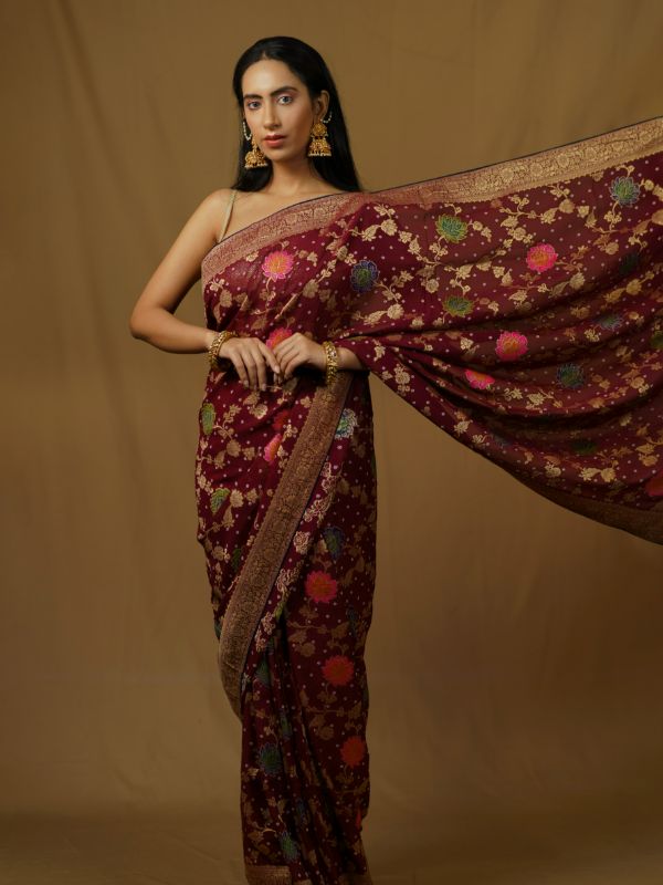 Wine Banarsi Saree With Floral Embroidery