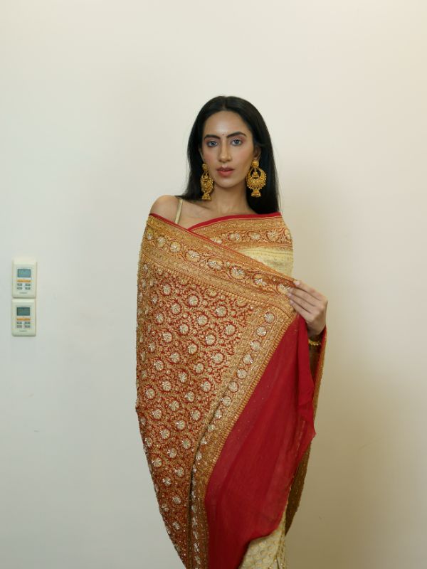 Heavy Khadi Georgette Golden and Red Saree