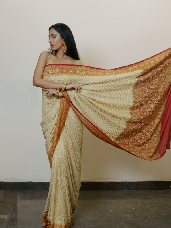 Heavy Khadi Georgette Golden and Red Saree