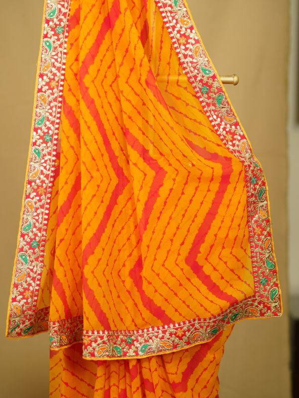 Orange Georgette Tie and Dye Saree with Gotta Patti Border