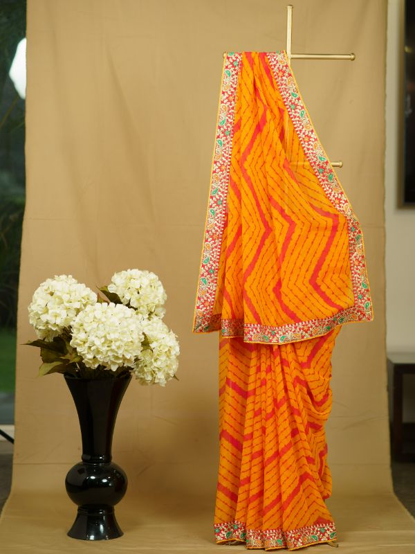Orange Georgette Tie and Dye Saree with Gotta Patti Border - Krishanlalraman